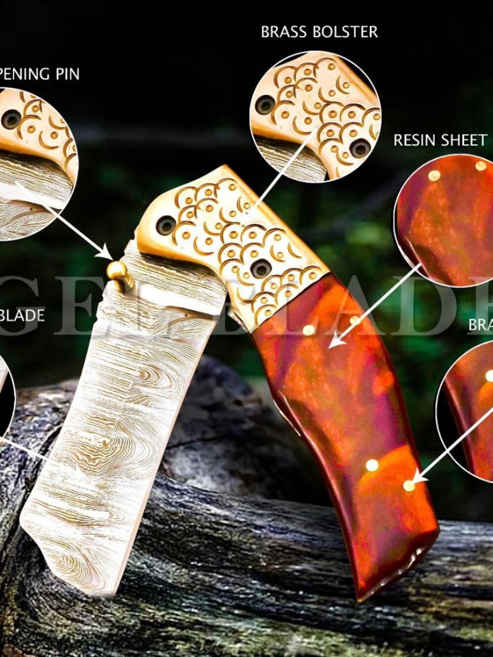 Damascus Steel Folding Knife Brass Bolster Resin Handle EDC Pocket Tool